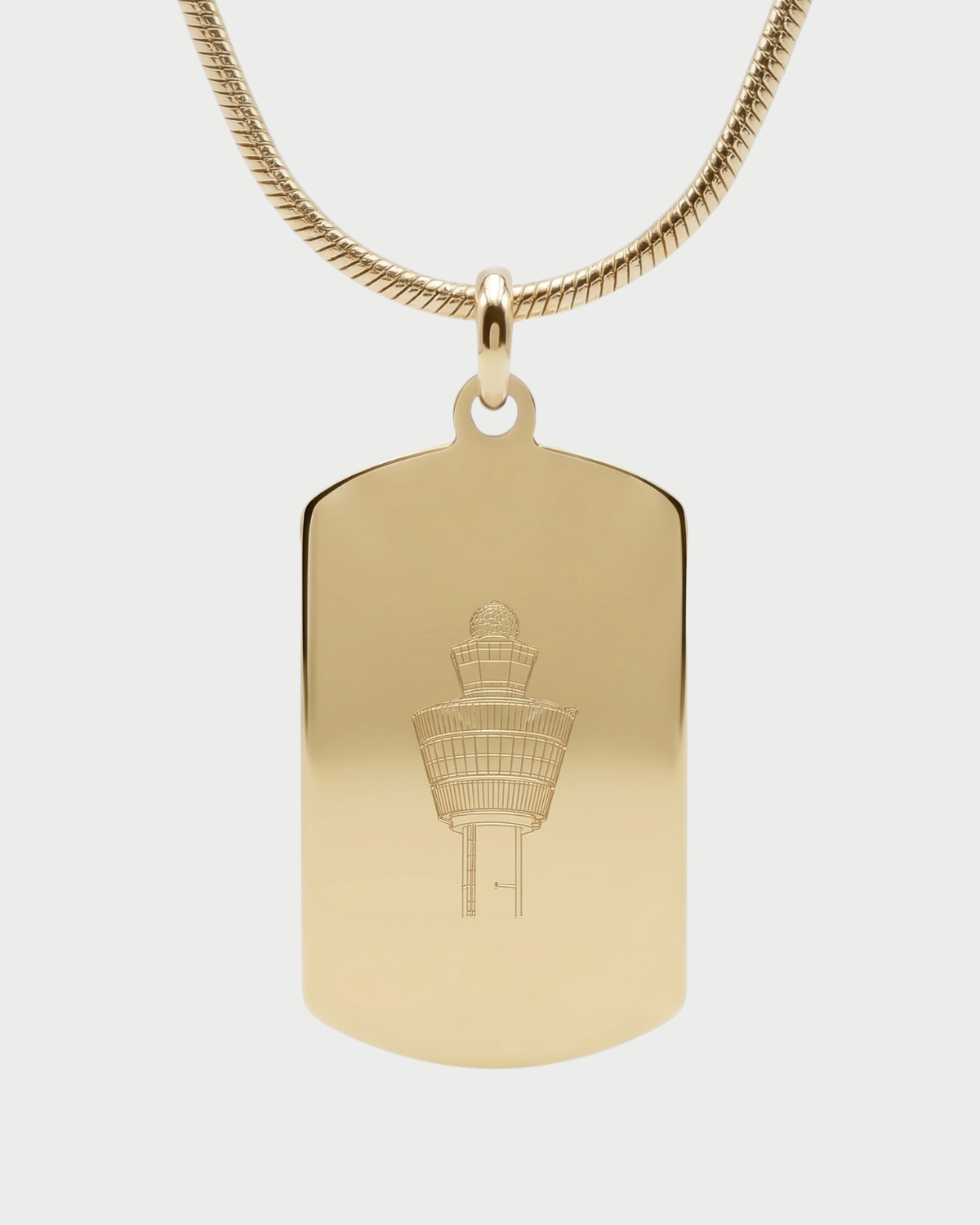 Collar con placa torre de control AMS Ámsterdam Schiphol — grabado ATC acabado oro
