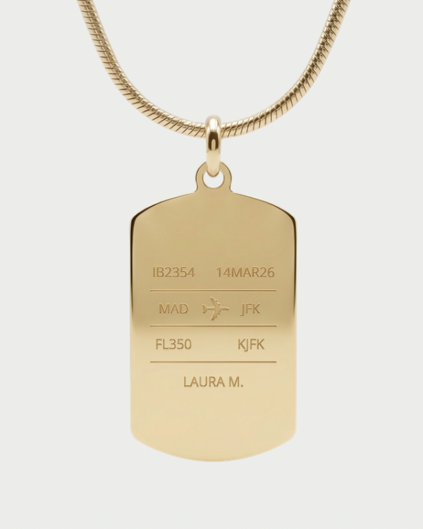 Collar con placa flight strip personalizable — grabado controlador aéreo acabado oro