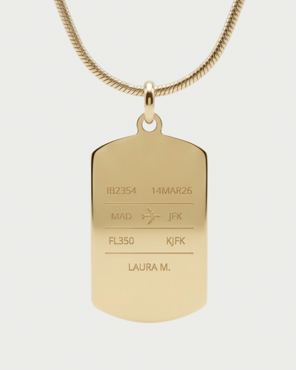 Collar con placa flight strip personalizable — grabado controlador aéreo acabado oro