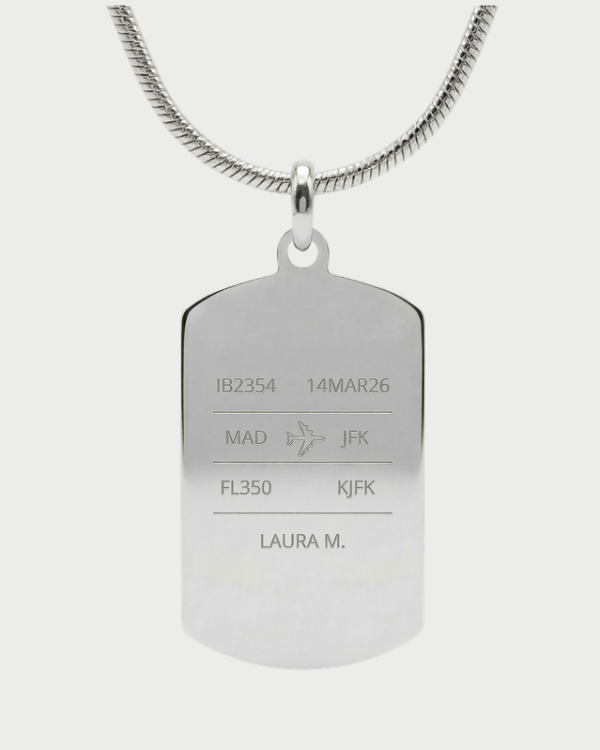 Collar con placa flight strip personalizable — grabado controlador aéreo acabado plata