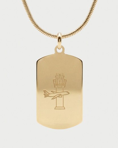 Collar con placa torre de control personalizable — grabado controlador aéreo acabado oro