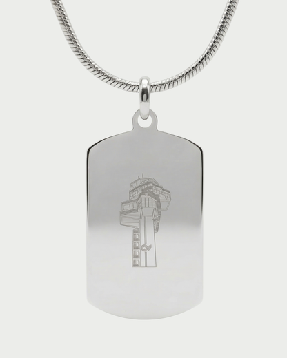 Collar con placa torre de control FCO Roma Fiumicino — grabado ATC acabado plata