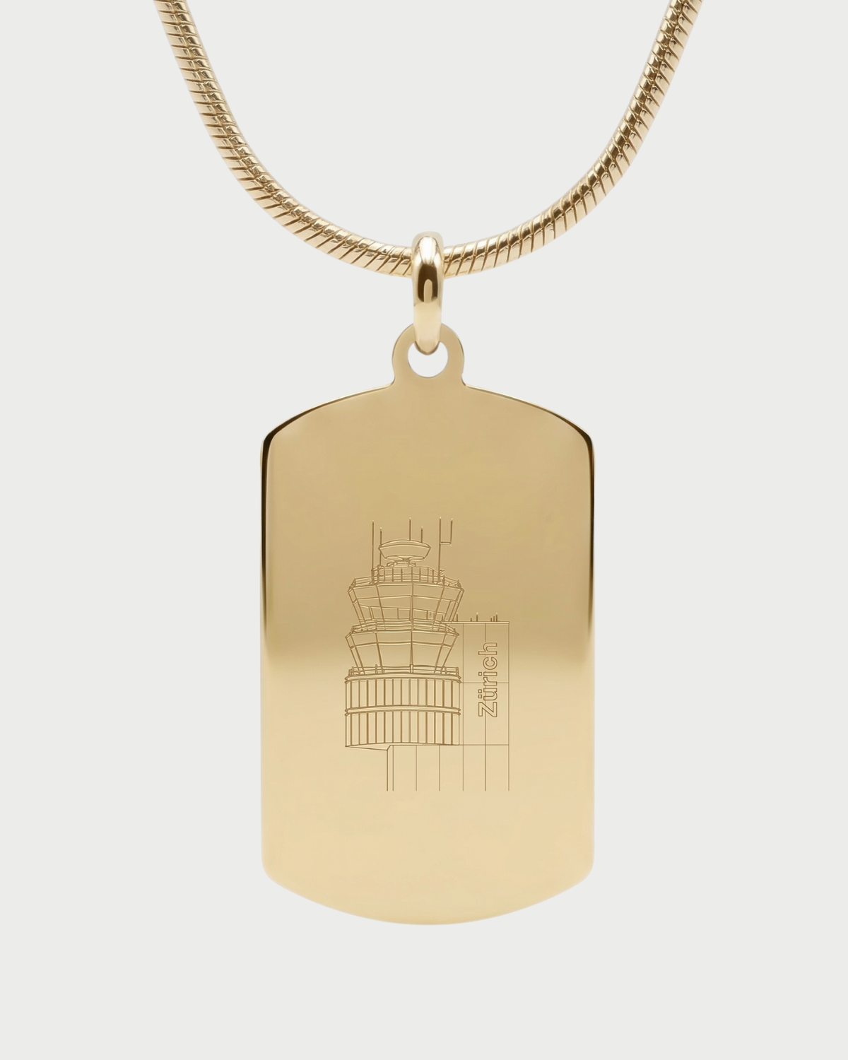 Collar con placa torre de control ZRH Zúrich — grabado ATC acabado oro